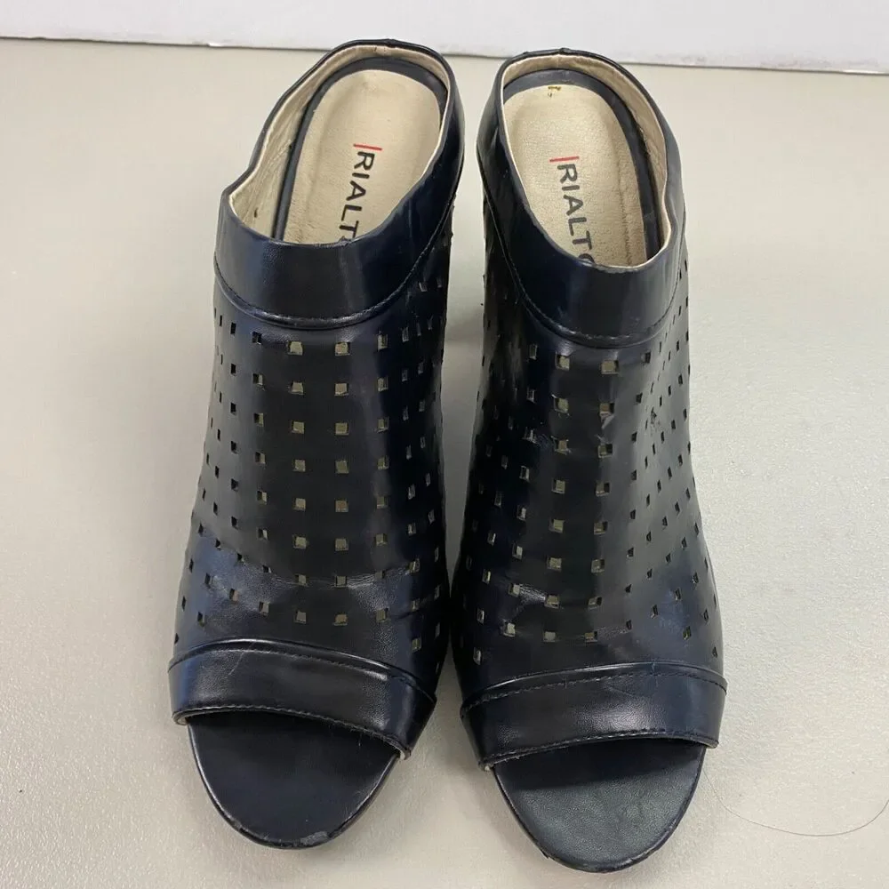 Rialto Chunky Heel Mules Womens 8.5 Black Perforated‎ Leather Sandals Retro Y2K